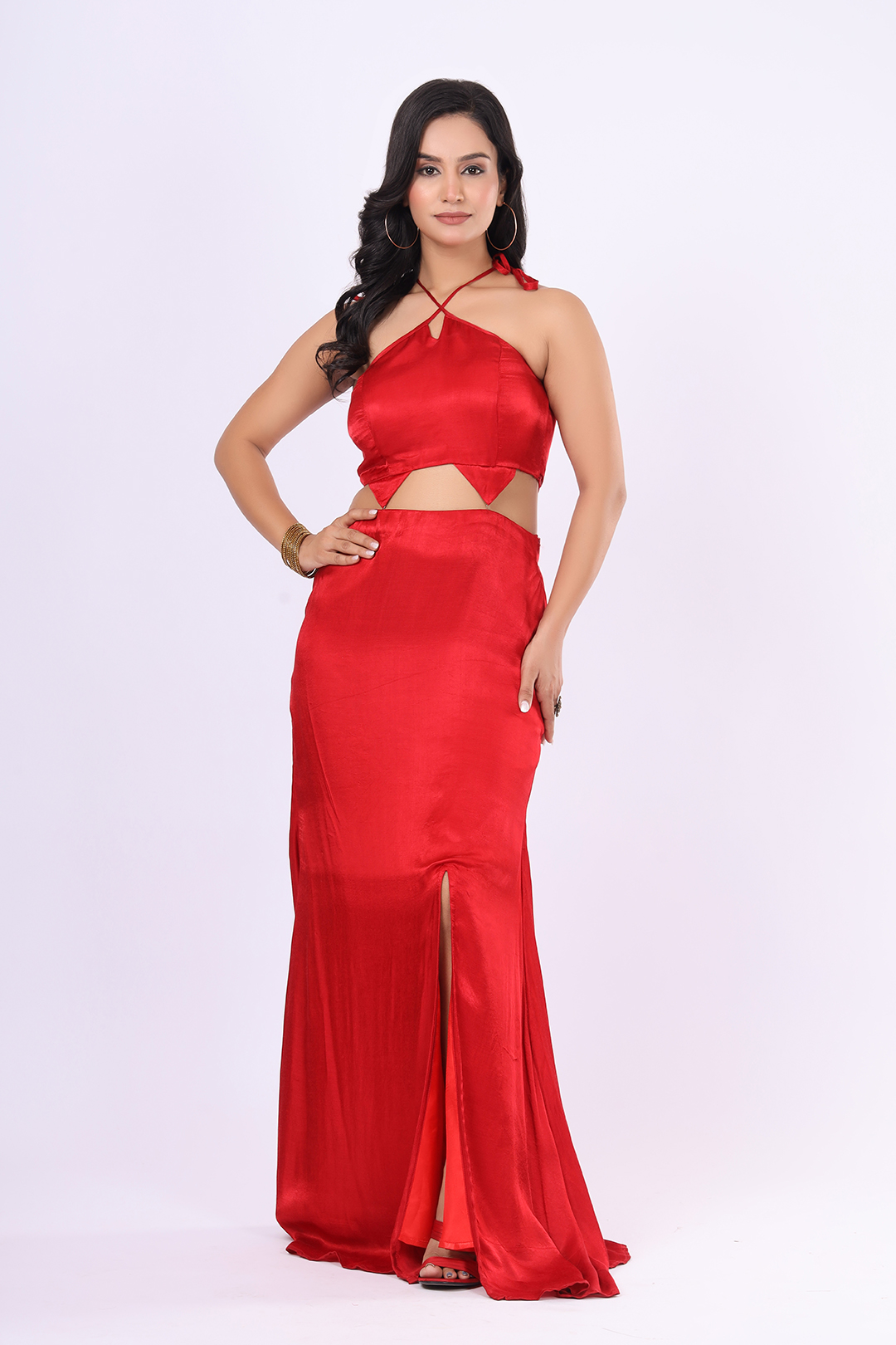 Red Gajji Silk Two-Piece Set with Slit Skirt – Glamorous Partywear dress